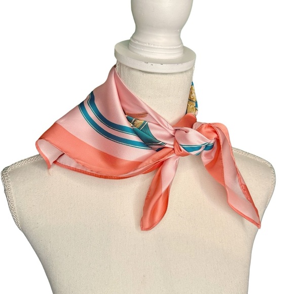 NEW Pink Coral Equestrian Saddle Design Satin Square Luxury Style Scarf - Picture 10 of 15